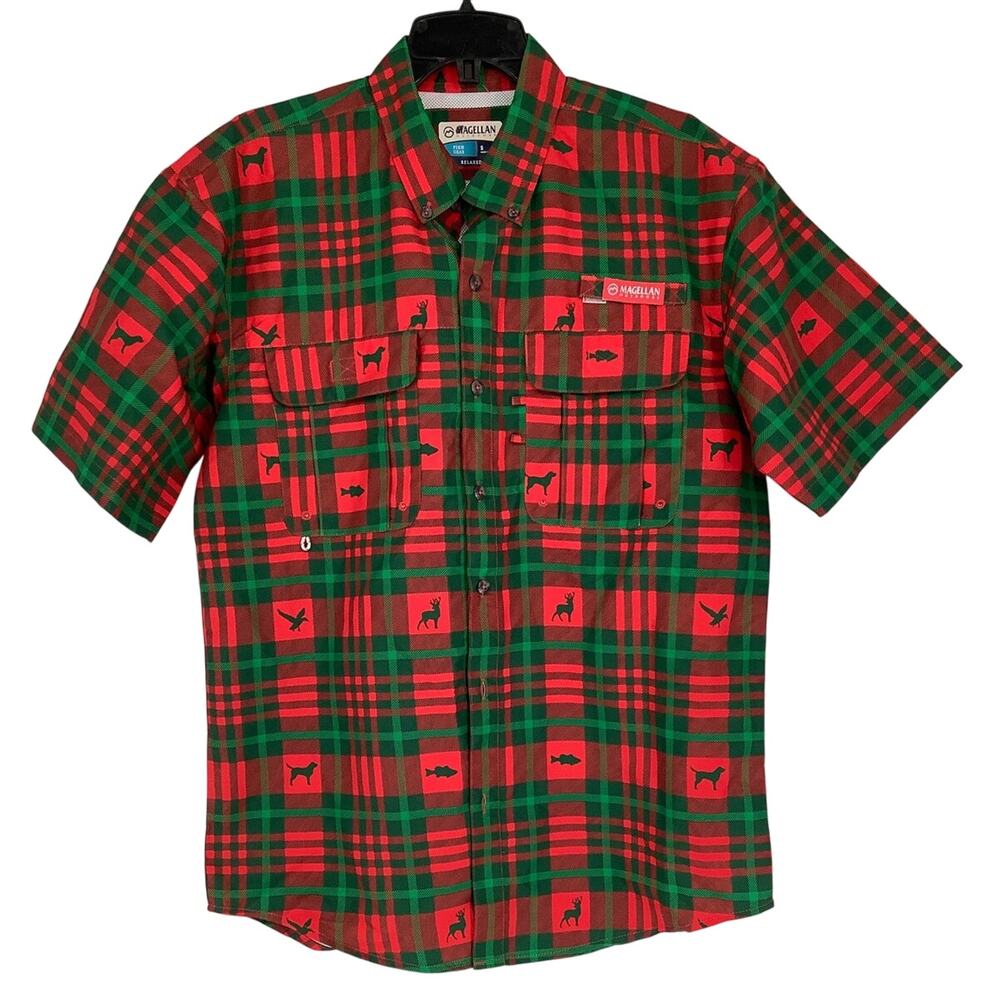 Magellan Outdoors Men's SM Holiday Red Laguna Madre Relaxed Fishing Shirt G25-15